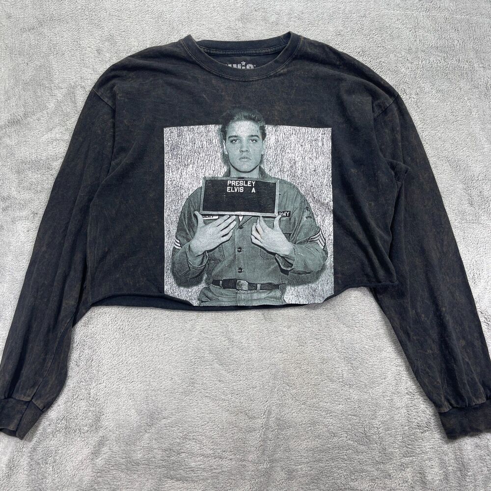 Elvis Presley Army Mugshot Cropped Top Womens Large Black Graphic Print Cotton